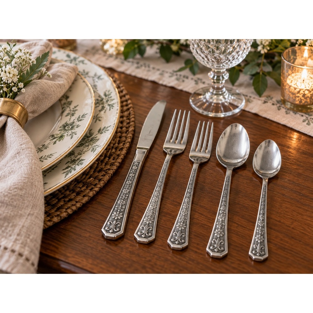 Vintage Interpur Florenz Flatware Set Japan Stainless Floral Fleur de Lis 10pc